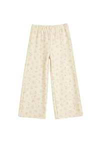Bloemenprint, wijdvallende broek van zacht, lichtcrème stof met kleine roze bloemen en groene bladeren. Elastische tailleband, textuur oppervlak.