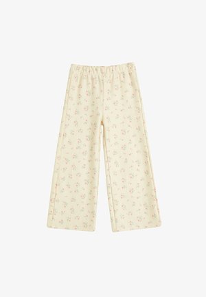 Blomsterprintede vidde bukser i blødt, lys creme stof med små lyserøde blomster og grønne blade. Elastisk talje, struktureret overflade.