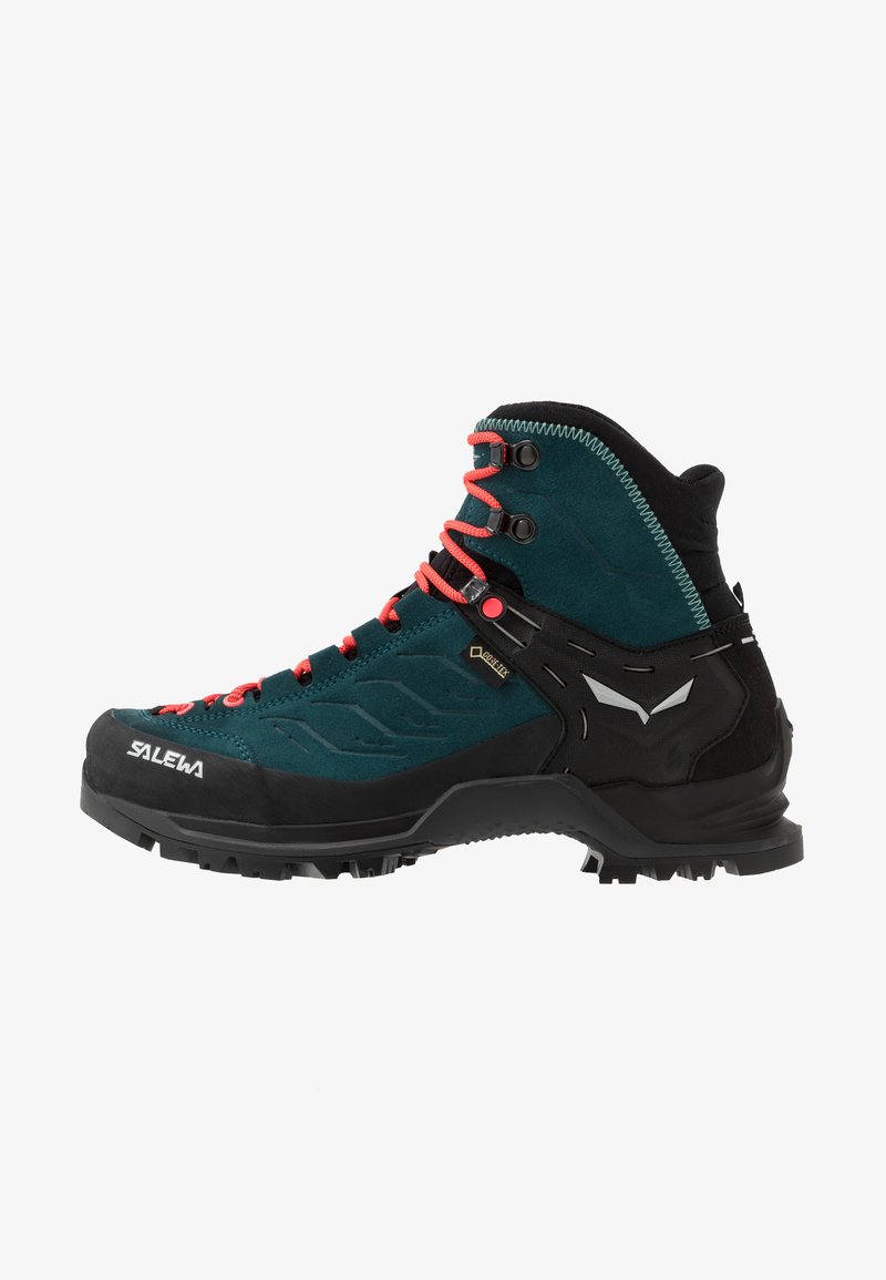 Hiking boot featuring a teal suede upper with black accents, red laces, and durable rubber outsole. Reinforced toe for protection.