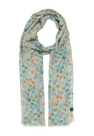 Light blue scarf with pastel multicolor abstract spots and small fringed edges, loosely looped at the top.