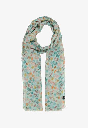 Hellblauer Schal mit pastellfarbenen, mehrfarbigen abstrakten Flecken und kleinen Fransen an den Rändern, oben locker geschlungen.