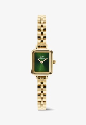Ceas cu brățară din aur, cu cadran pătrat verde, cu ace aurii și logo-ul "DW Daniel Wellington" pe față.