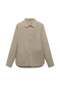 Giacca beige realizzata in tessuto leggero, con taglio dritto, maniche lunghe, colletto e due tasche frontali con chiusura a bottone.