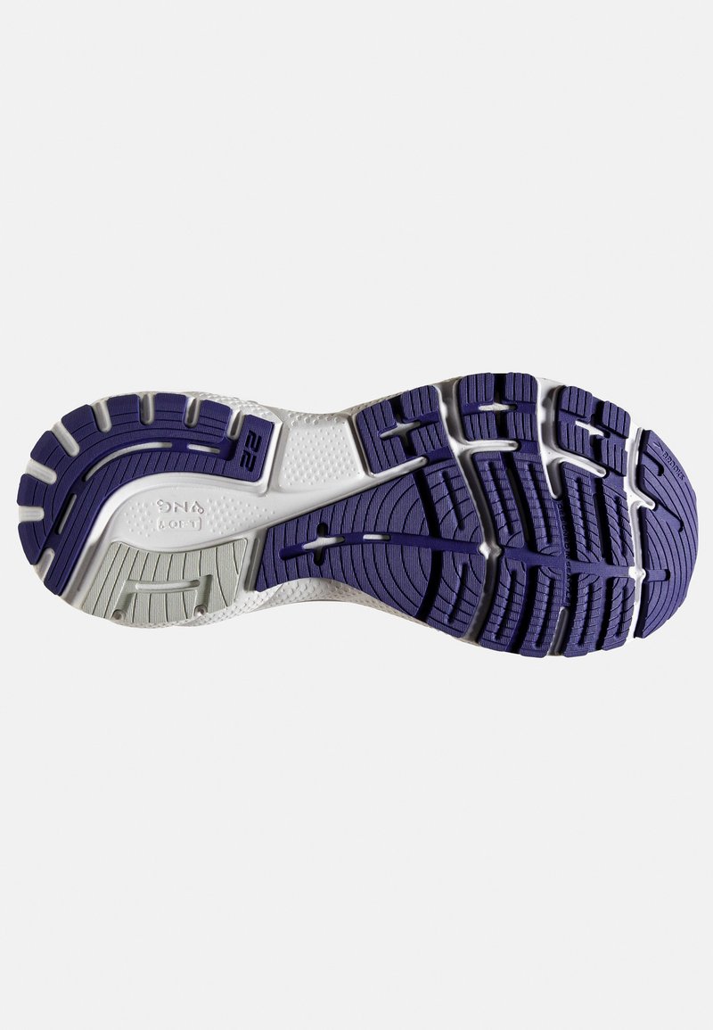Suela de zapato en blanco, morado y gris. Presenta goma morada texturizada para mayor agarre, con una entresuela blanca suave y un diseño flexible.