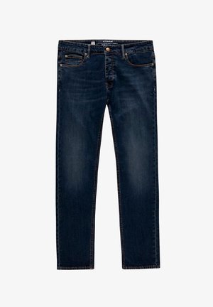 Jeans denim blu scuro a gamba dritta con chiusura con bottone e cerniera, cinque tasche e cuciture a contrasto visibili.