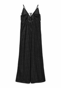 Robe en dentelle noire avec un corsage ajusté et une jupe fluide, dotée de bretelles spaghetti réglables et d'un motif floral texturé.