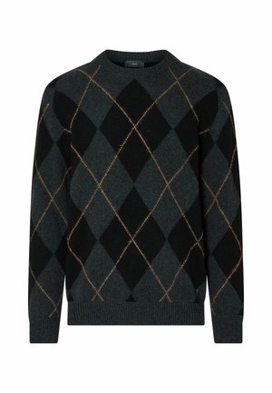 Jersey de patrón rombos en gris oscuro y negro con líneas diagonales marrones finas, cuello redondo y puños y bajo acanalados.