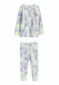 Hellgrünes Schlafanzugset mit einem langärmeligen Oberteil und Hose, verziert mit einem lila Hasenmuster. Hergestellt aus weichem Stoff mit gerafften Ärmeln und Säumen.