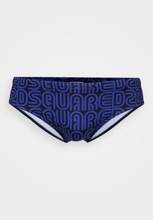 Herren Badebriefe mit niedriger Leibhöhe in Schwarz mit auffälligem blauen, wiederholtem "DSQUARED2" Schriftzug.