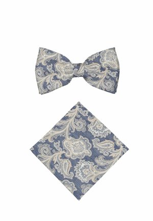 Blue bow tie and pocket square set with beige and white intricate paisley floral pattern, displayed on white background.