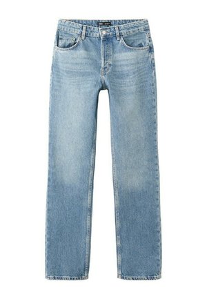 Light blue straight-leg denim jeans with front pockets, belt loops, and button closure.