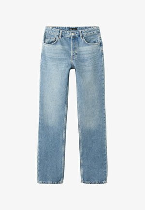 Svetlo modre jeans hlače z ravnimi nogavicami, sprednjimi žepi, zankami za pas in zapenjanjem na gumbe.