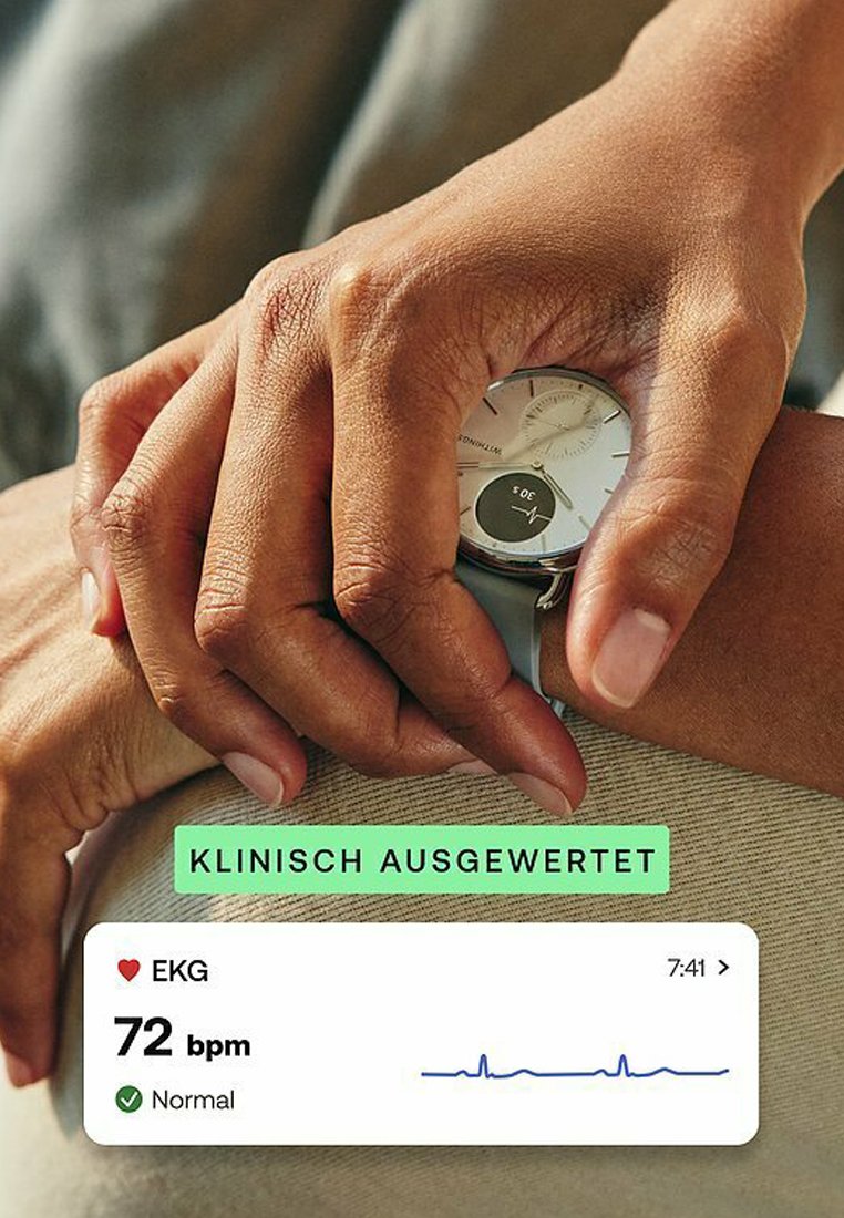 Smartwatch mit rundem Ziffernblatt, silbernem Gehäuse und hellblauem Armband, das EKG-Daten anzeigt; zwei Hände, die auf einer strukturierten Oberfläche zusammengelegt sind.