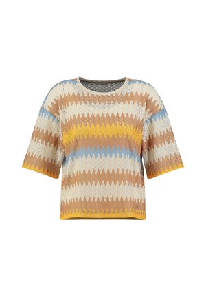 Kurzarm-Stricktop mit Zickzackmuster in Braun, Beige, Gelb und Blau, mit rundem Ausschnitt und lockerem Schnitt.
