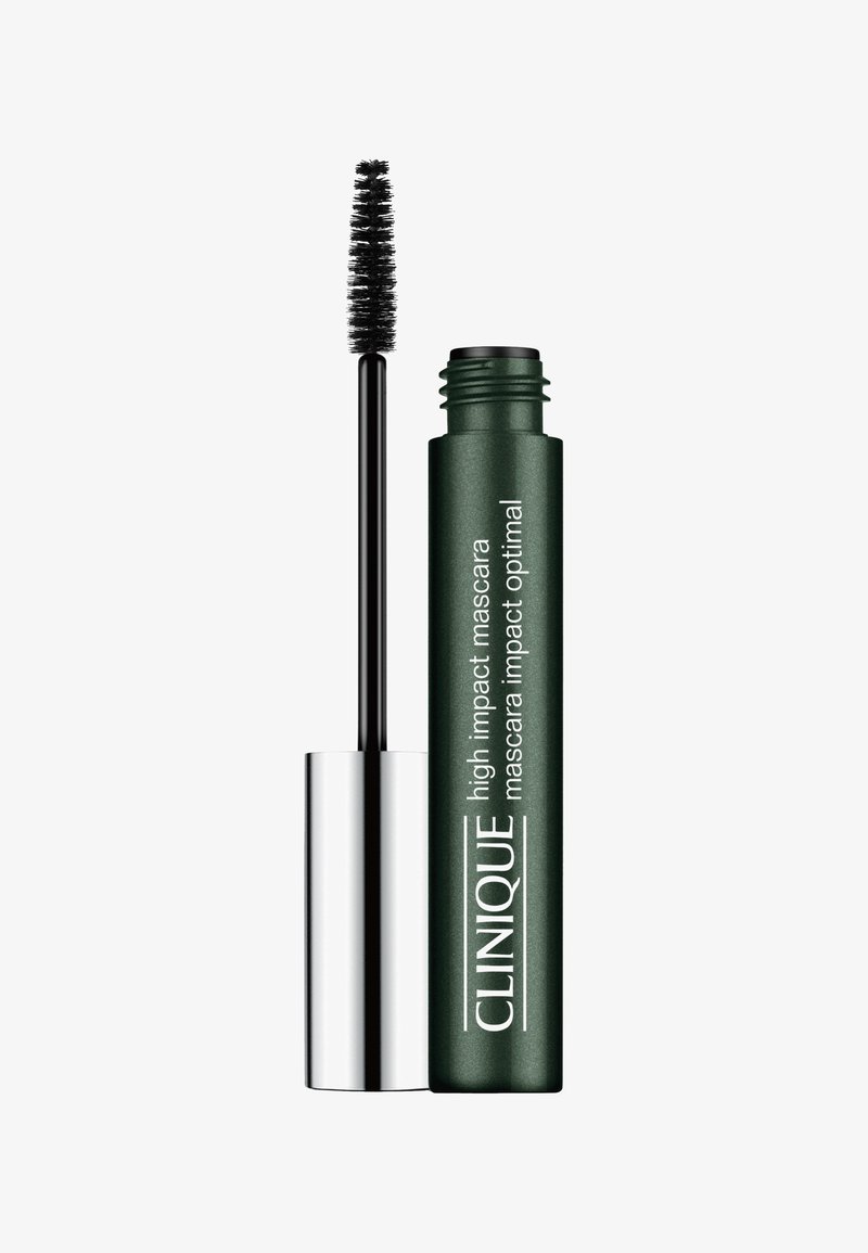 Mascara Clinique High Impact, tubo verde con cappuccio argentato, applicatore a pennello con setole nere dense, design compatto per una facile maneggevolezza.