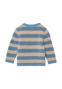 Strickpullover mit langen Ärmeln, der blaue und beige horizontale Streifen aufweist. Rundhalsausschnitt und strukturiertes Gewebe insgesamt.
