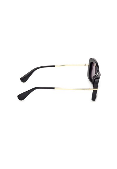 Lunettes de soleil rectangulaires noires avec des branches métalliques fines en or et des embouts de branche noirs courbés, vues de profil sur un fond blanc.