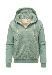Jasnozielona bluza z kapturem na zamek błyskawiczny, z pluszowym, teksturowanym przodem i gładkimi rękawami. Posiada kaptur, sznureczki oraz ściągacze na rękawach i dole.