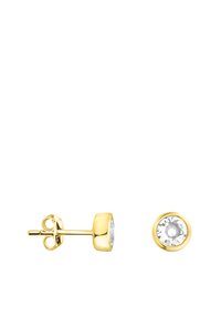 Orecchini a pannello in oro con una pietra rotonda e trasparente in zirconia cubica incastonata in una montatura liscia. Design minimalista con finitura lucida.
