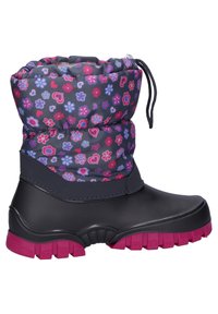 Schwarze wasserdichte Stiefel mit einem gemusterten grauen Textilbund, der rosa Blumen und Herzen zeigt. Dicke rosa Gummisohle mit Profil.