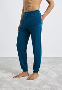 Teal loungebroeken van zacht materiaal met een elastische tailleband, koordsluiting en een subtiele logo-detail aan de zijkant.