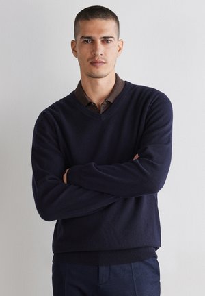 Mand med kort hår iført en mørk marineblå sweater og en brun skjorte med krave står med armene over kors mod en ensfarvet lys væg.