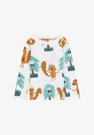 Maglietta a maniche lunghe in tessuto bianco con animali e alberi di cartoni animati colorati in motivi arancioni, verdi e marroni. Materiale morbido ed elastico.