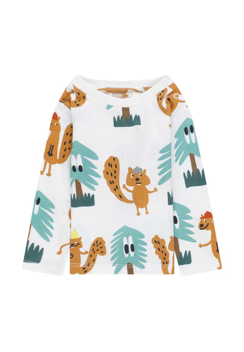 Maglietta a maniche lunghe in tessuto bianco con animali e alberi di cartoni animati colorati in motivi arancioni, verdi e marroni. Materiale morbido ed elastico.