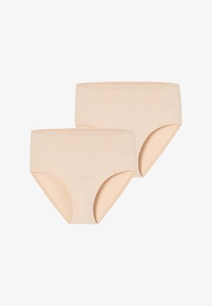 Deux paires de dessous beiges clairs avec un design sans couture, taille haute et texture lisse, sans aucune quincaillerie visible ni motifs.