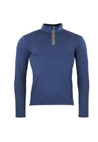 Navyblauwe longsleeve shirt met een half-zip kraag, voorzien van contrasterende stiksels en een subtiele logo nabij de halslijn. Glad stofoppervlak.