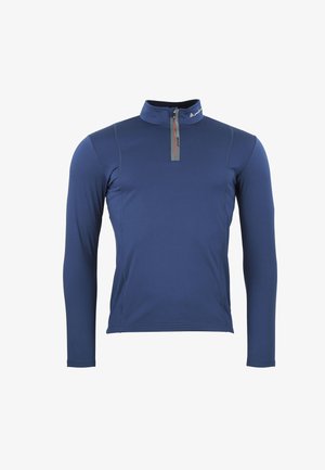 Camisa de manga larga azul marino con cuello de media cremallera, que presenta costuras en contraste y un logo sutil cerca del escote. Textura de tela suave.