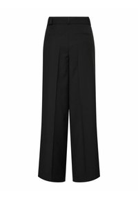 Černé kalhoty s širokými nohavicemi a sklady, středně vysoký pas a dvě zadní kapsy. Hladká tkanina a čisté linie pro elegantní vzhled.