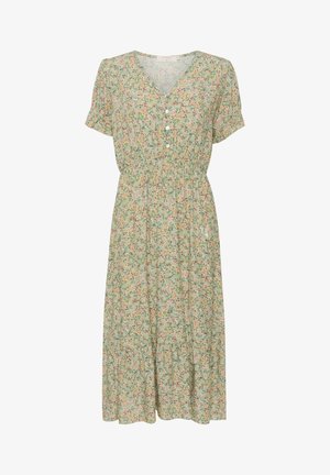 Blomster midi kjole i lysegrønt stof med V-udskæring, korte ærmer, knapdetaljer og en lagdelt kant med en løs pasform.
