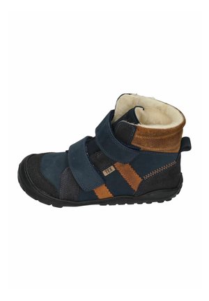 Children's winter boot with navy blue and brown suede, two velcro straps, black sole, and soft beige fleece lining.