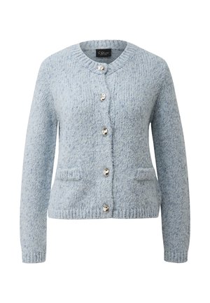 Hellblauer Cardigan aus strukturiertem Strickstoff. Verfügt über einen Rundhalsausschnitt, fünf silberne Knöpfe und zwei Vordertaschen.