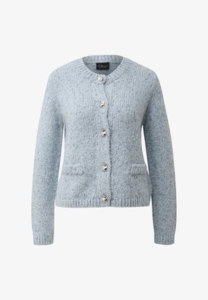 Hellblauer Cardigan aus strukturiertem Strickstoff. Verfügt über einen Rundhalsausschnitt, fünf silberne Knöpfe und zwei Vordertaschen.