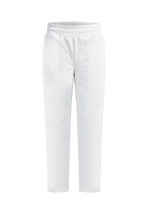 Pantalones deportivos gris claro con cintura elástica, piernas ajustadas y tejido suave y texturizado. Presentan un diseño minimalista sin bolsillos ni adornos.