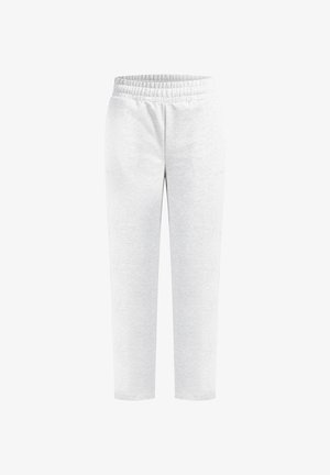 Pantalones deportivos gris claro con cintura elástica, piernas ajustadas y tejido suave y texturizado. Presentan un diseño minimalista sin bolsillos ni adornos.