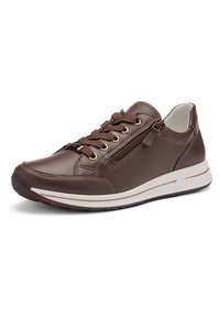 Brown leather sneaker with a round toe, featuring a side zipper, contrasting white midsole, and brown textured laces.