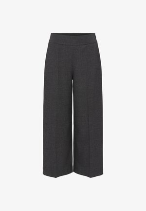 Pantaloni a gamba larga in tessuto grigio scuro, con una cintura liscia e un sottile motivo testurizzato. Senza tasche o chiusure visibili.