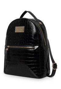 Black faux leather backpack with a croc-embossed texture, gold hardware accents, front zip pocket, and rounded top design.