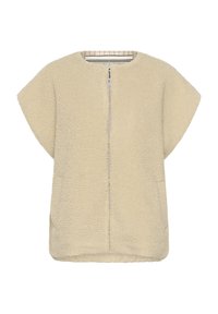 Bež, pahuljasta vanjska odjeća s kratkim rukavima, prednjim patentnim zatvaračem i dva bočna džepa. Mekani materijal s opuštenim, kutnim krojem.