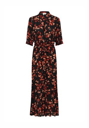 Blumiges Midi-Kleid aus schwarzem Stoff, mit roten und rosa Blumenmustern, Knopfleiste, kurzen Ärmeln und einem passenden Gürtel in der Taille.