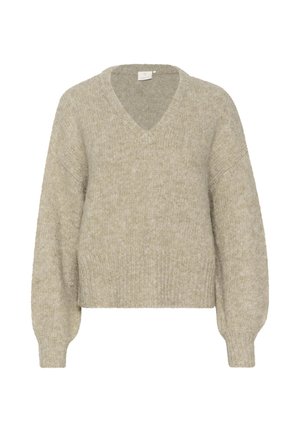 Beige v-neck sweater made from soft, textured knit fabric. Features long sleeves and a cropped hem with ribbed cuffs and a relaxed fit.