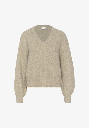 Beige v-neule, joka on valmistettu pehmeästä, tekstuurilla varustetusta neulekankaasta. Ominaisuuksia ovat pitkät hihat ja lyhyt helmavarsi, jossa on ribbaatut hihansuut ja rento leikkuu.