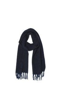 Scaldino in maglia blu navy con motivo a spina di pesce, caratterizzato da bordi frangiati e un tessuto morbido e testurizzato per il calore.