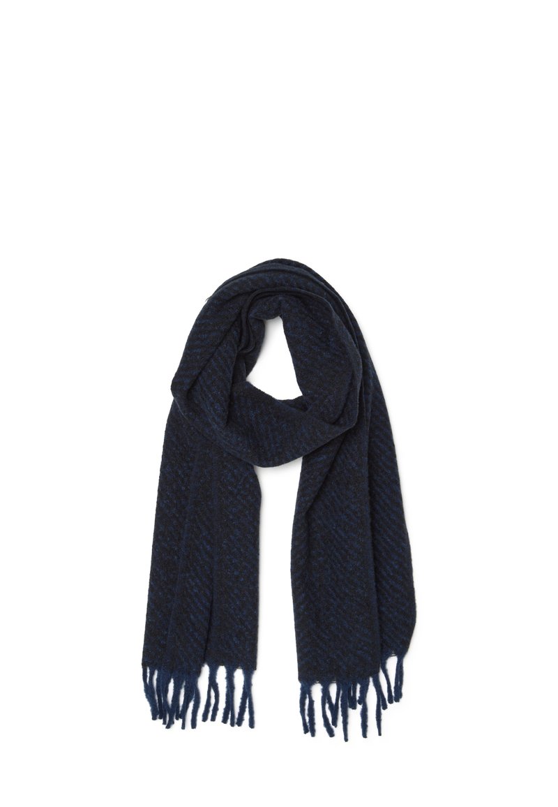 Scaldino in maglia blu navy con motivo a spina di pesce, caratterizzato da bordi frangiati e un tessuto morbido e testurizzato per il calore.
