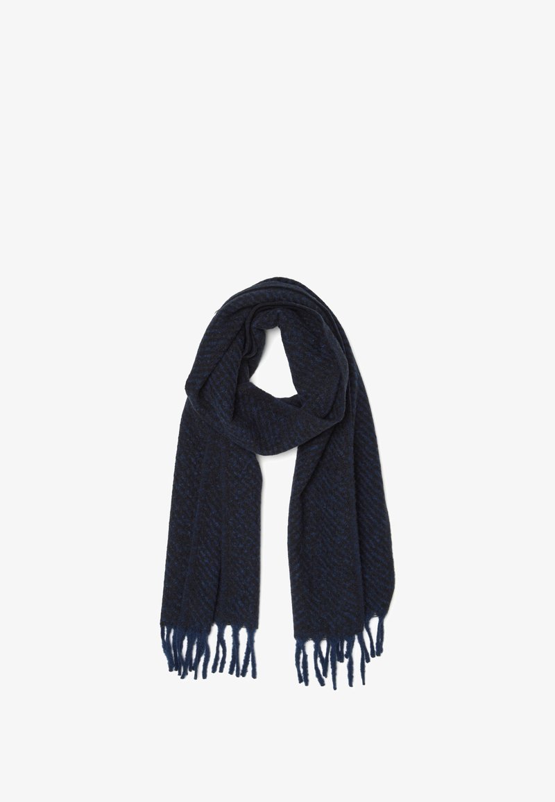 Scaldino in maglia blu navy con motivo a spina di pesce, caratterizzato da bordi frangiati e un tessuto morbido e testurizzato per il calore.