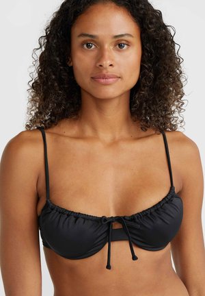 Czarny stanik bikini z regulowanymi cienkimi ramiączkami, marszczonym materiałem, z przodu z wiązaniem oraz gładką teksturą. Prosty i elegancki design.