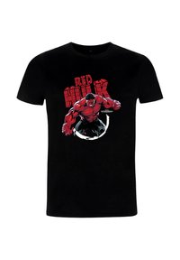 Černé bavlněné tričko s grafikou svalnaté postavy s červenou pletí a textem "RED HULK" tučnými červenými písmeny.
